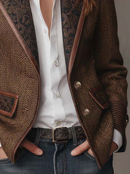 Leona – Herringbone Blazer with Printed Panels
