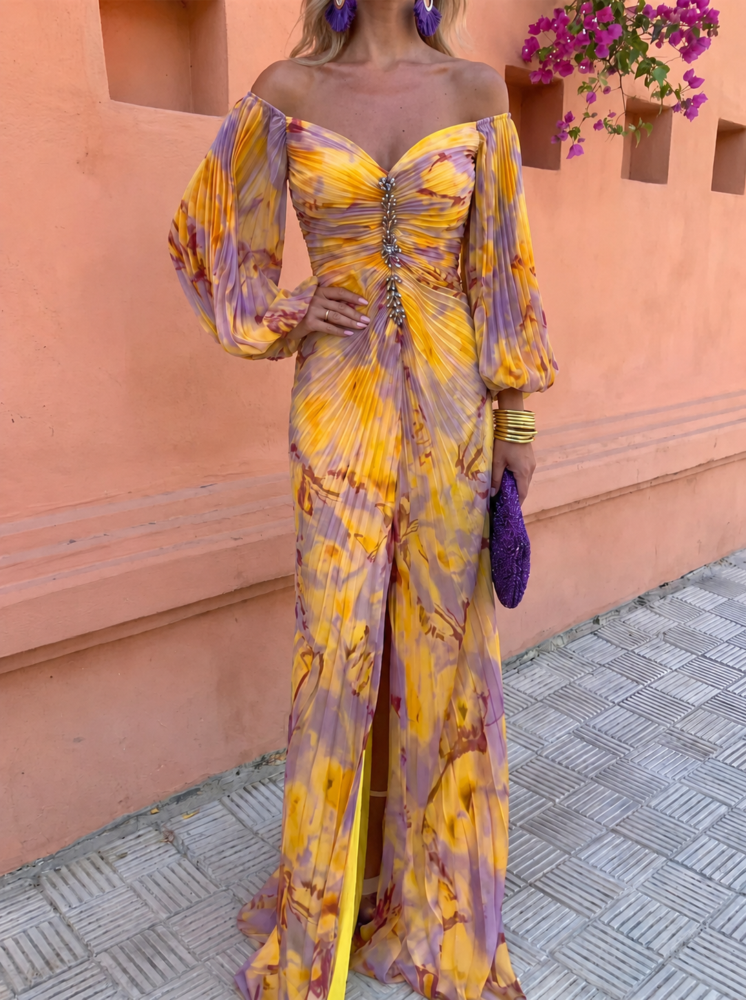 Mamie – Off-Shoulder Pleated Gown with Jewel Detail