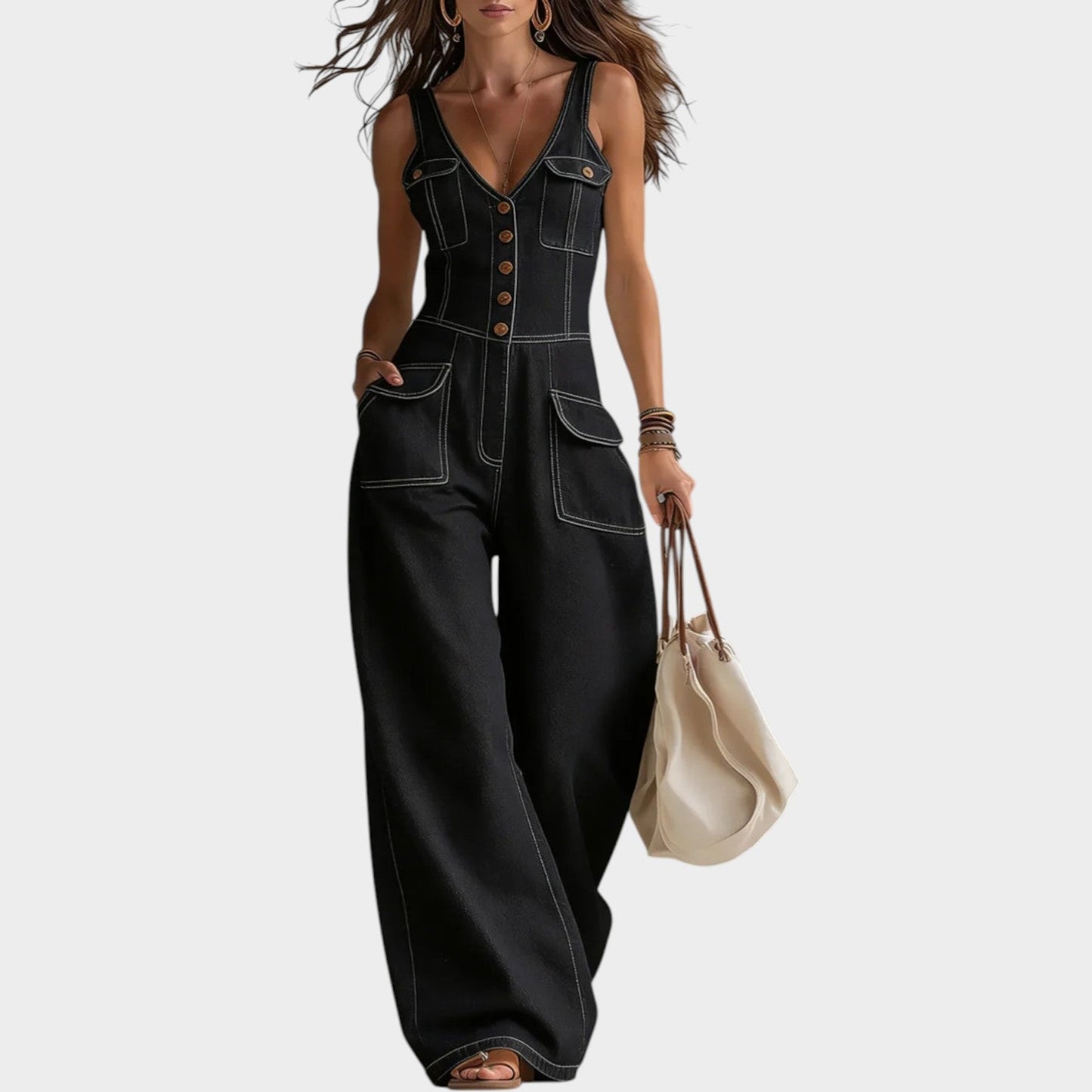 Joanne – Wide Leg Denim-Look Jumpsuit