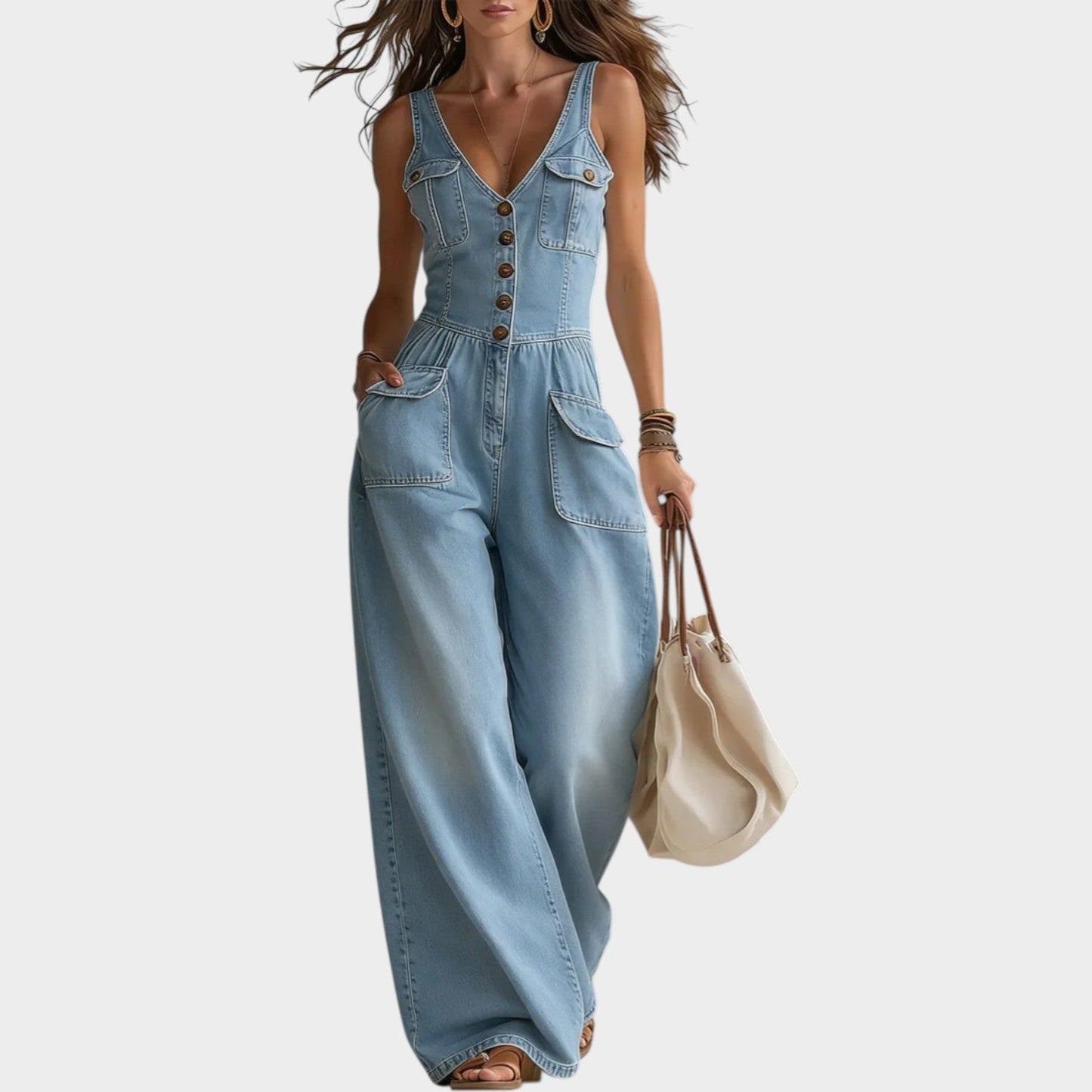 Joanne – Wide Leg Denim-Look Jumpsuit