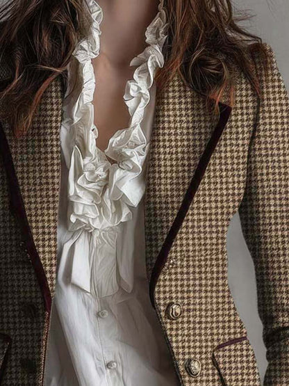 Angelique – Houndstooth Tailored Blazer with Velvet Trim