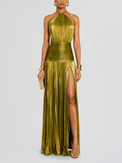 Kasey | Metallic Pleated Halter Gown