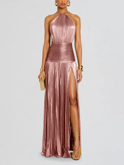 Kasey | Metallic Pleated Halter Gown