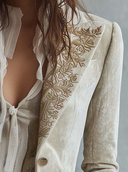 Camille – Embroidered Velvet-Look Blazer with Lace Cuffs