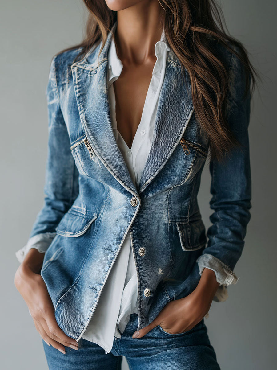 Sarah – Tailored Washed Denim Blazer Jacket