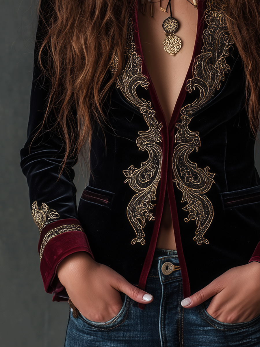 Marcy – Baroque Embroidered Velvet-Look Blazer