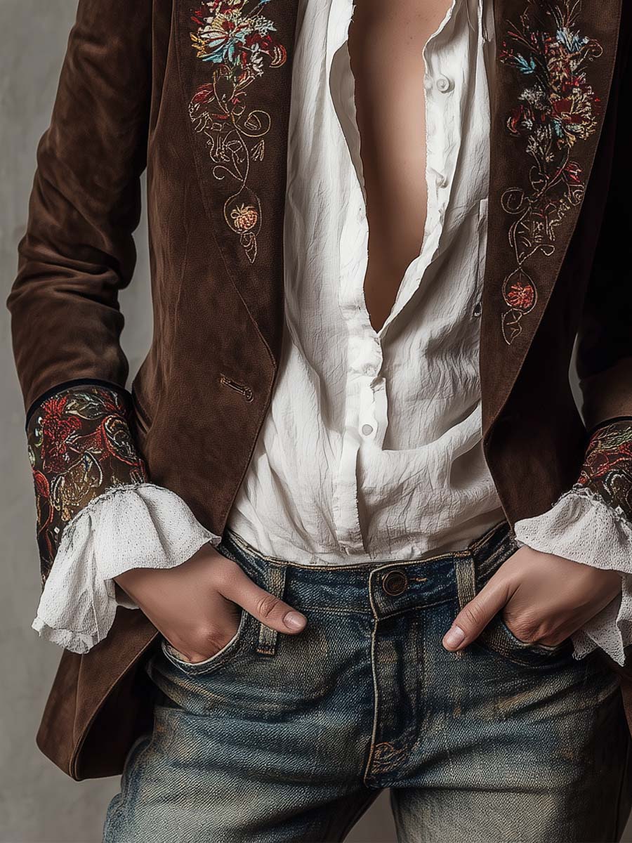 Donna – Embroidered Suede-Look Tailored Blazer