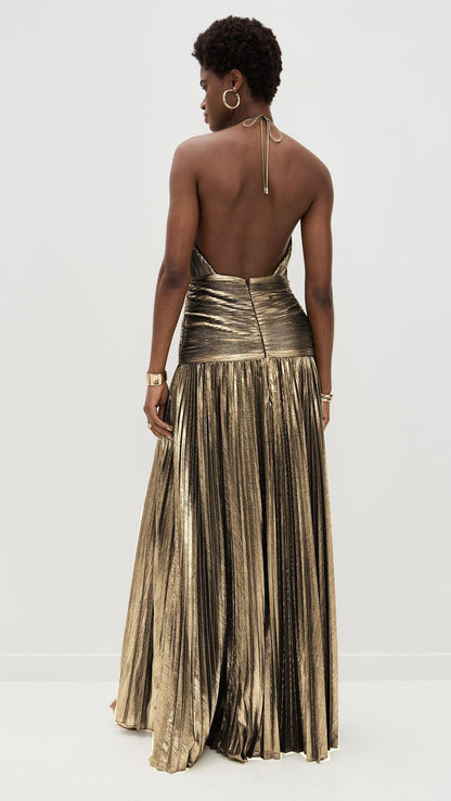 Kasey | Metallic Pleated Halter Gown
