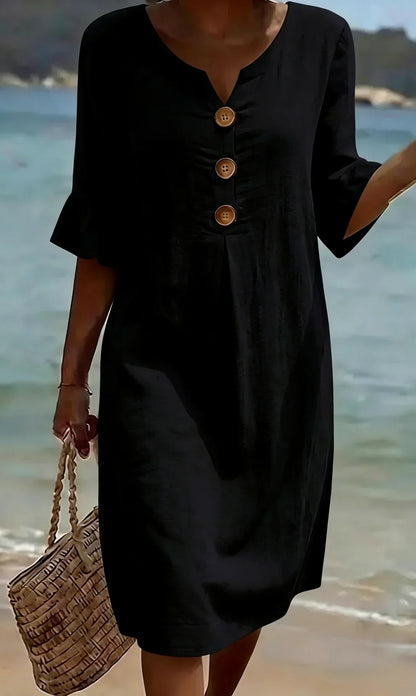Delores – Relaxed Linen-Look Button Detail Dress
