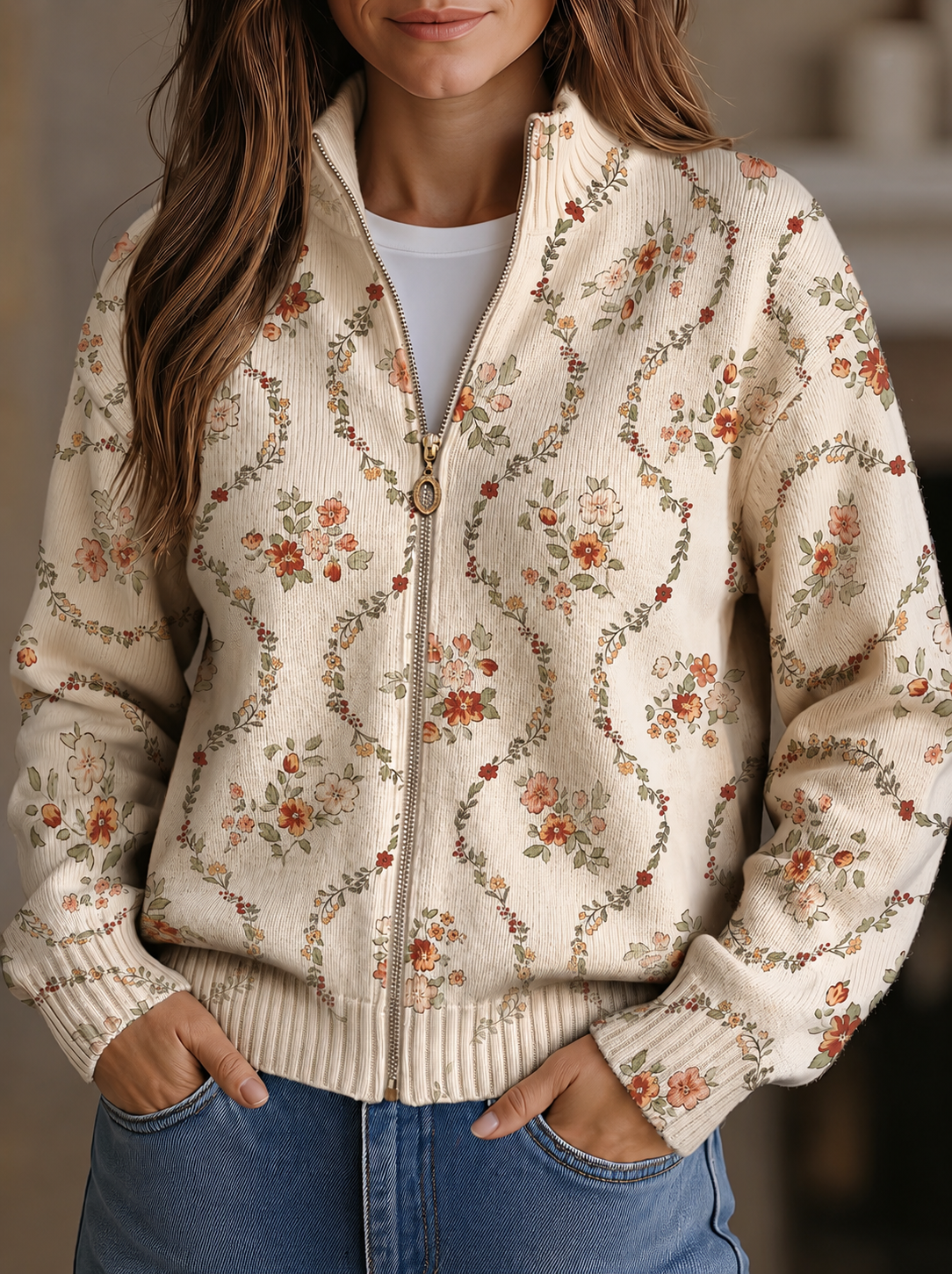 Carol – Floral Vine Zip-Up Knit Jacket