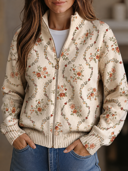 Carol – Floral Vine Zip-Up Knit Jacket
