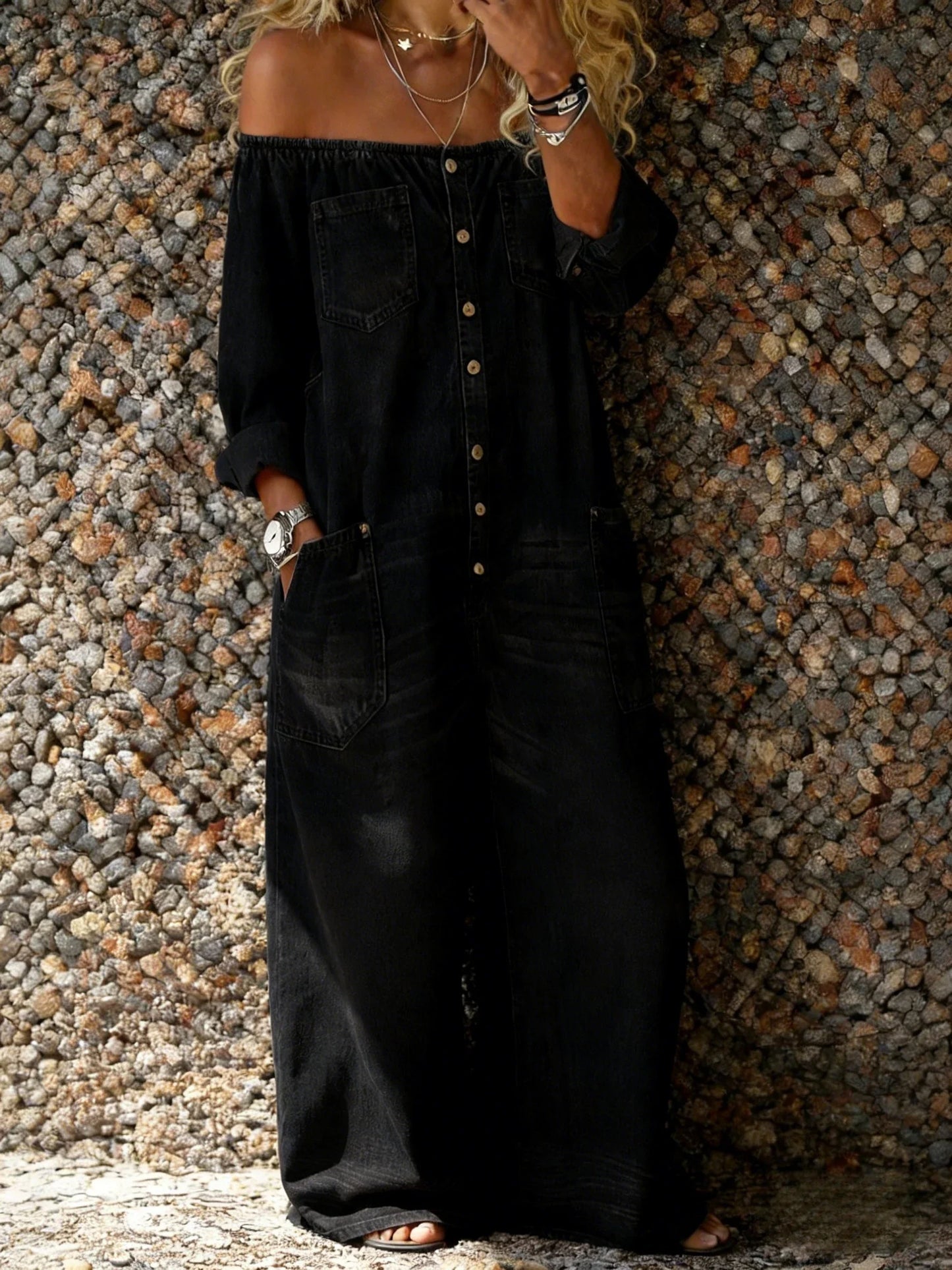 Renata – Off-Shoulder Denim-Look Wide Leg Jumpsuit