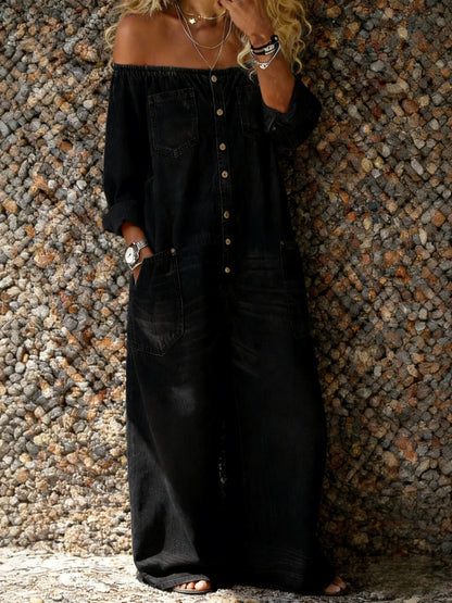 Renata – Off-Shoulder Denim-Look Wide Leg Jumpsuit