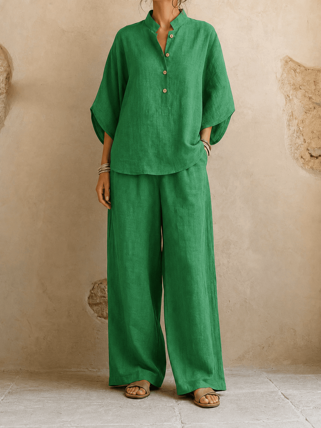 Jean – Linen-Look Blouse and Wide-Leg Pants Set