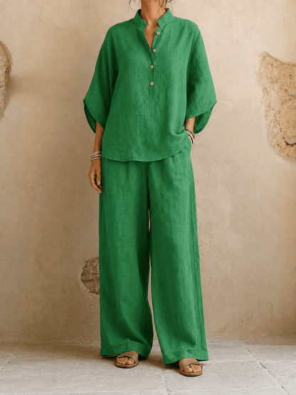 Jean – Linen-Look Blouse and Wide-Leg Pants Set