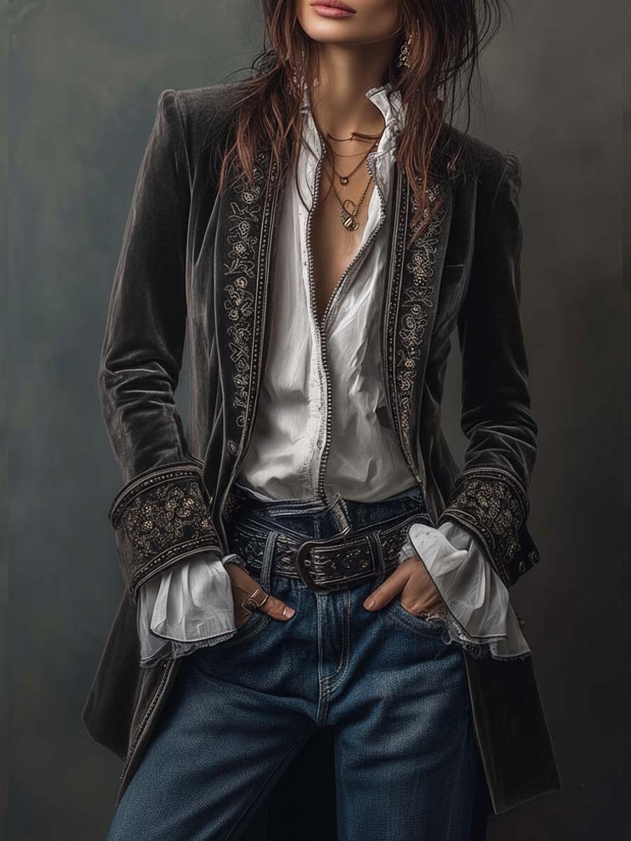 Rosemary – Embroidered Velvet-Look Long Jacket