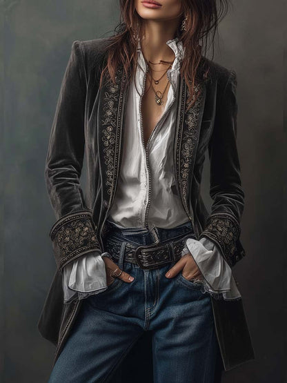 Rosemary – Embroidered Velvet-Look Long Jacket
