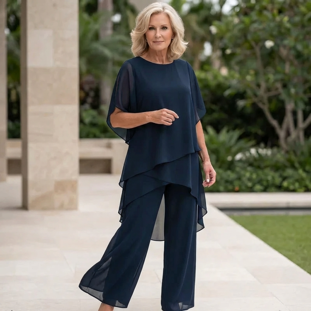Alicia – Draped Chiffon Top and Wide-Leg Pants Set