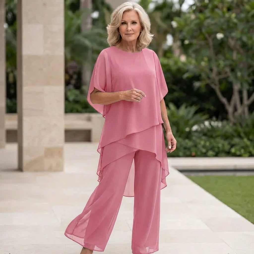 Alicia – Draped Chiffon Top and Wide-Leg Pants Set