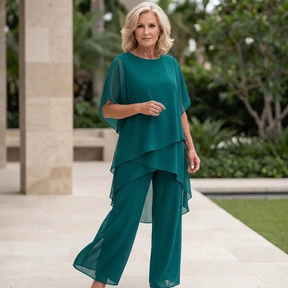 Alicia – Draped Chiffon Top and Wide-Leg Pants Set