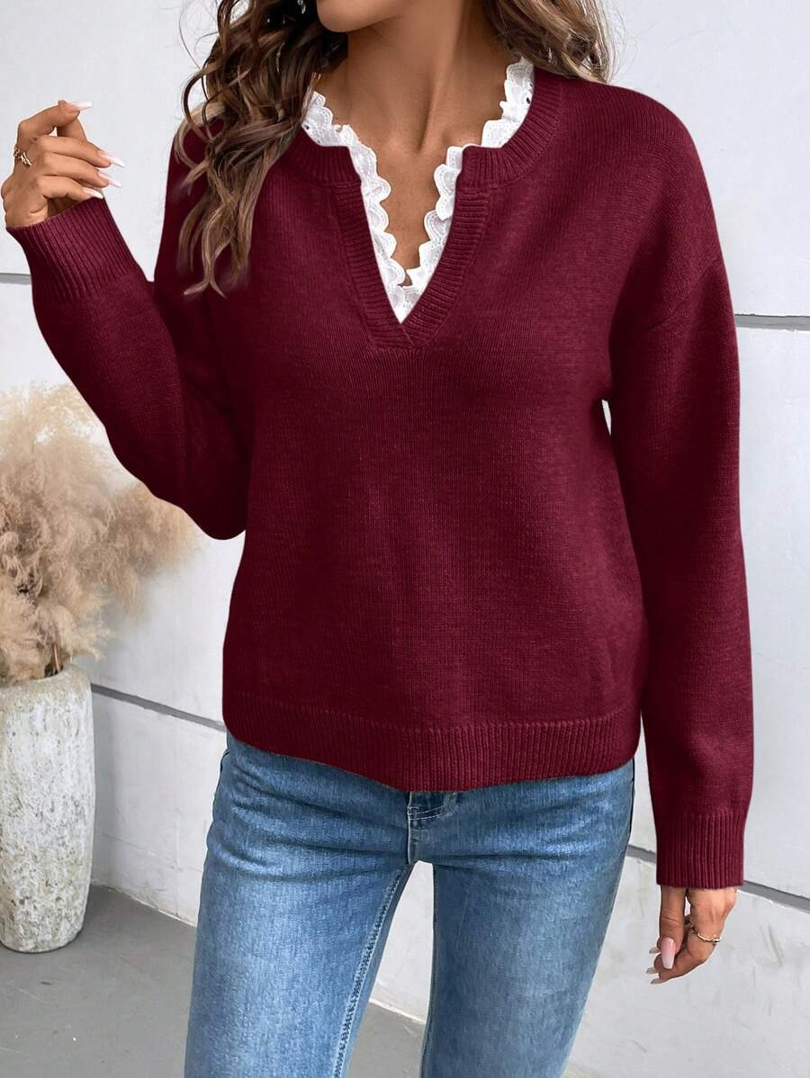Zelda – Lace Trim V-Neck Knit Sweater