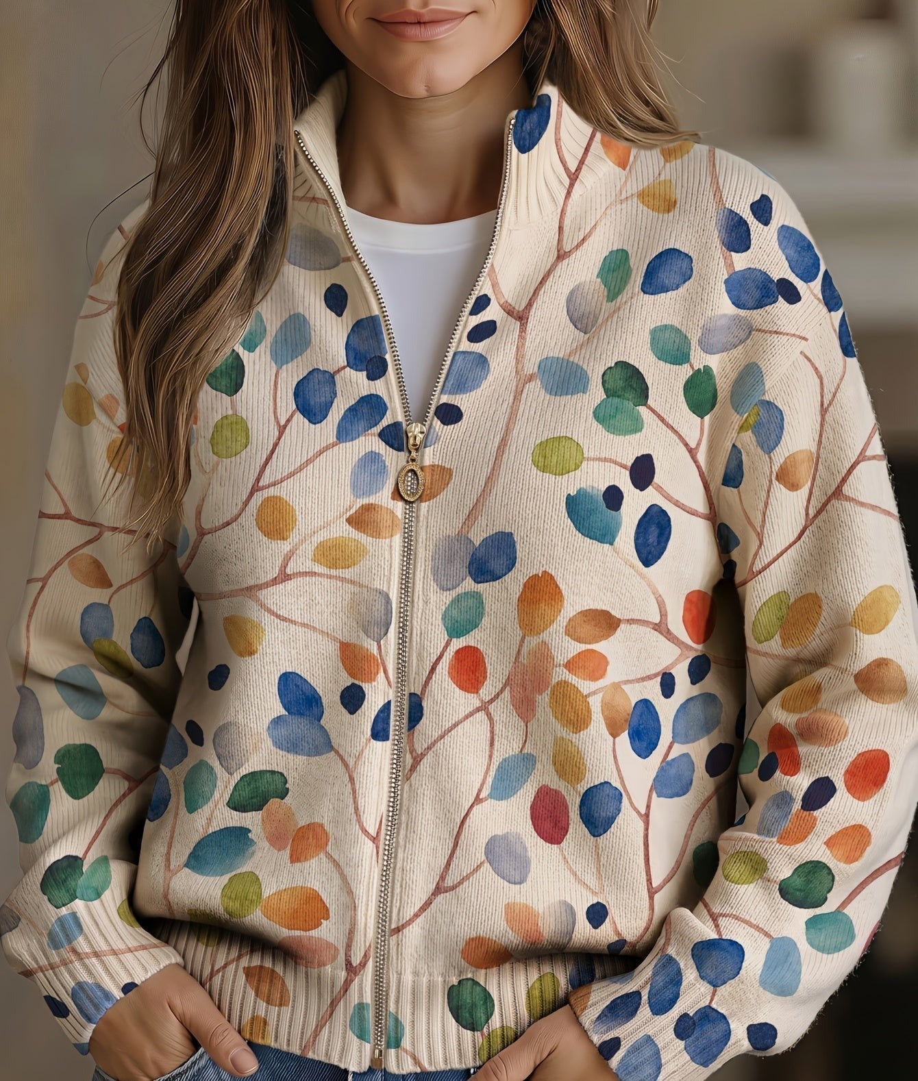 Hazel – Botanical Leaf Print Zip Jacket