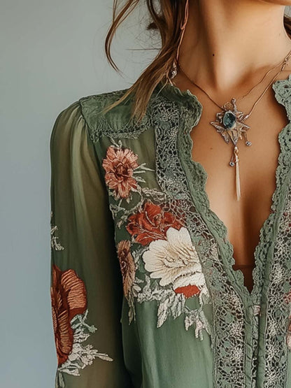 Kay – Embroidered Lace Trim Boho Blouse