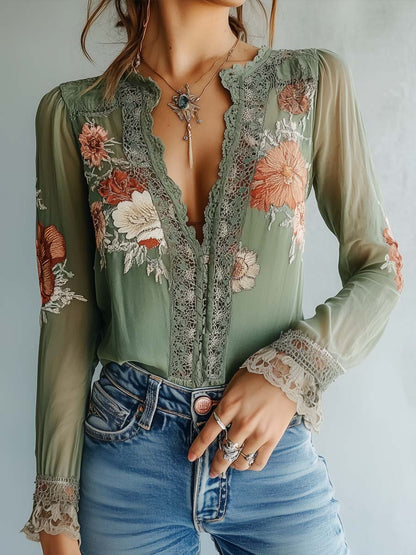 Kay – Embroidered Lace Trim Boho Blouse