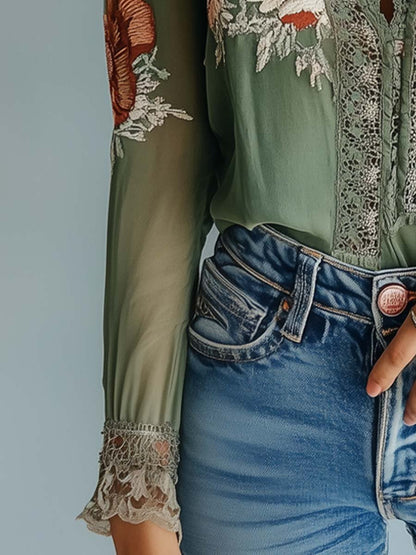 Kay – Embroidered Lace Trim Boho Blouse