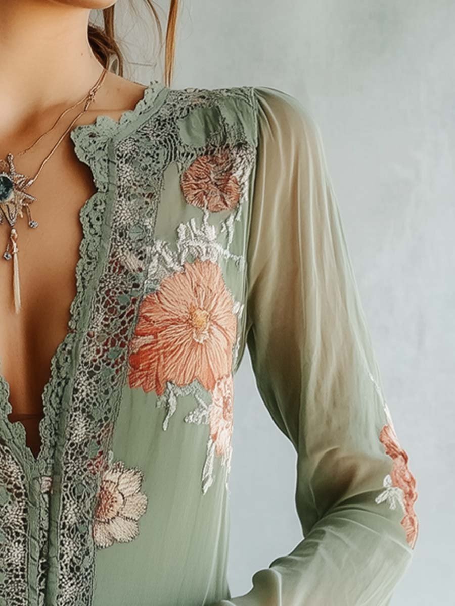 Kay – Embroidered Lace Trim Boho Blouse