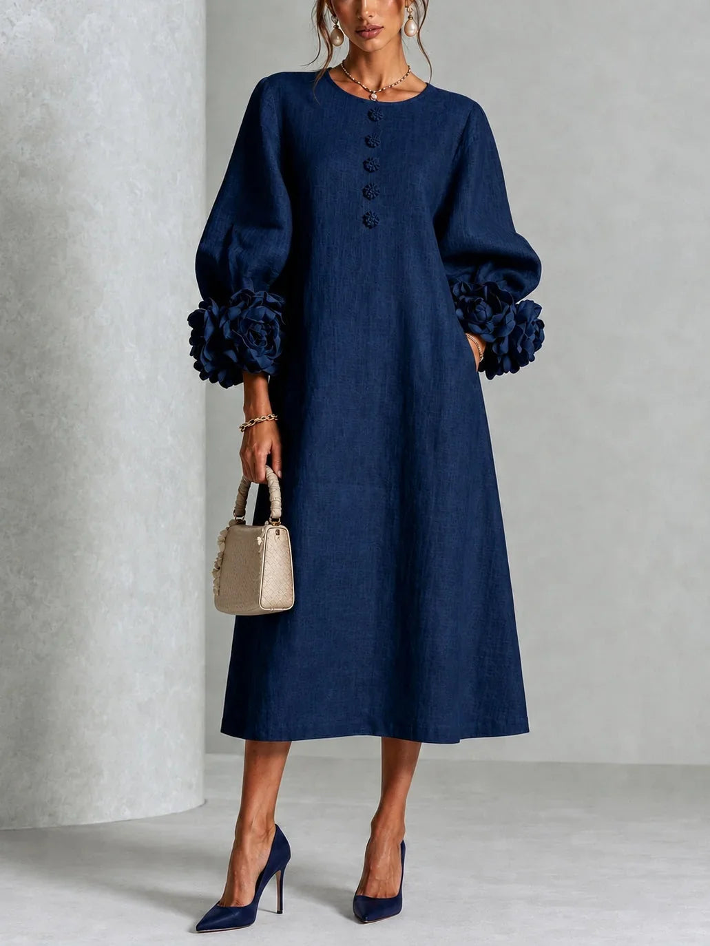 Marcella – Midi Dress with Sculptural Floral Cuffs