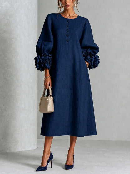 Marcella – Midi Dress with Sculptural Floral Cuffs