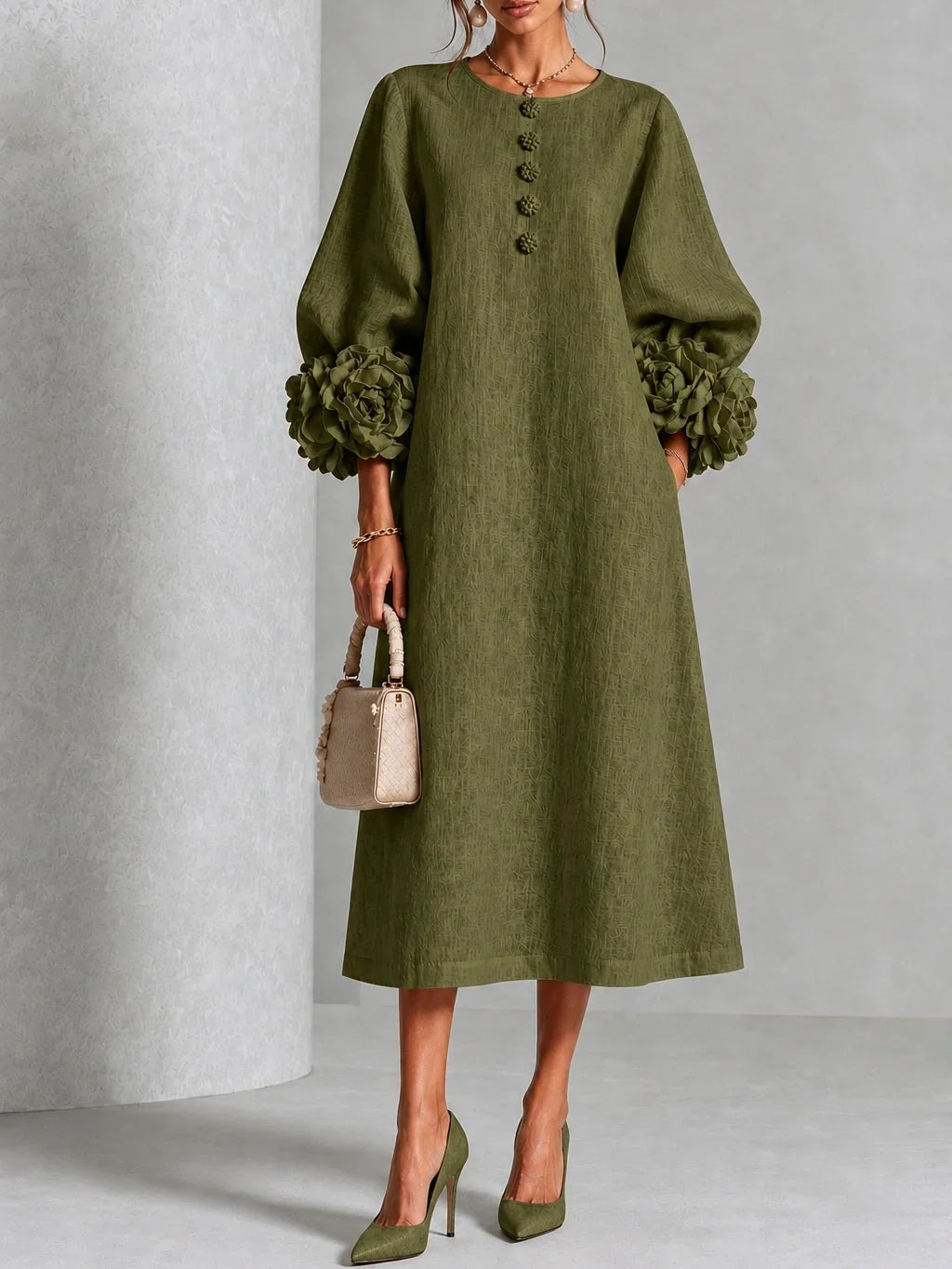 Marcella – Midi Dress with Sculptural Floral Cuffs