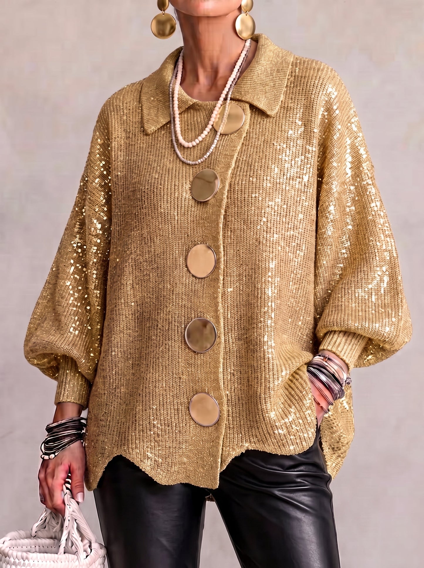 Rosemary – Oversized Collared Cardigan with Gold Buttons