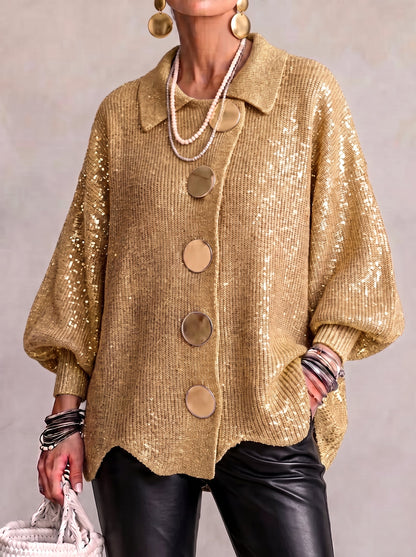 Rosemary – Oversized Collared Cardigan with Gold Buttons