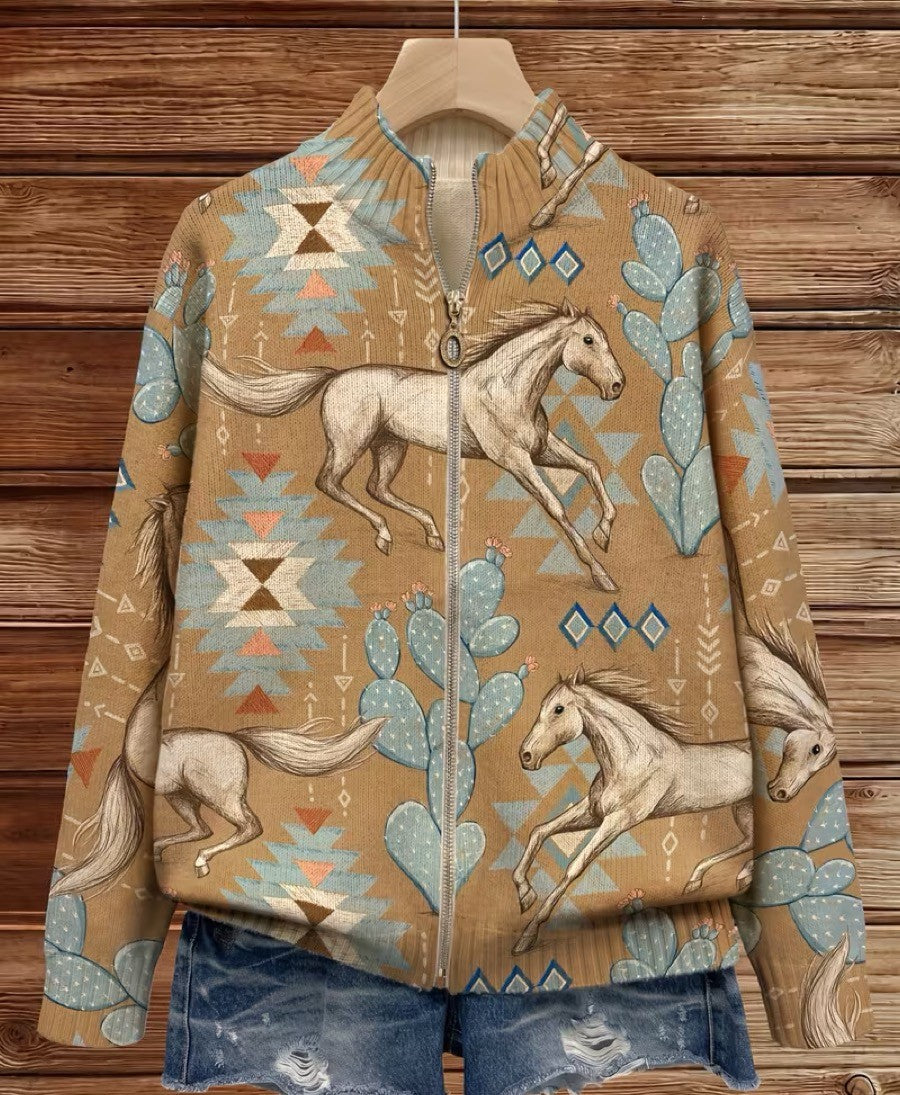 Eunice – Western Horse and Cactus Zip Jacket