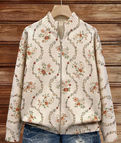 Carol – Floral Vine Zip-Up Knit Jacket