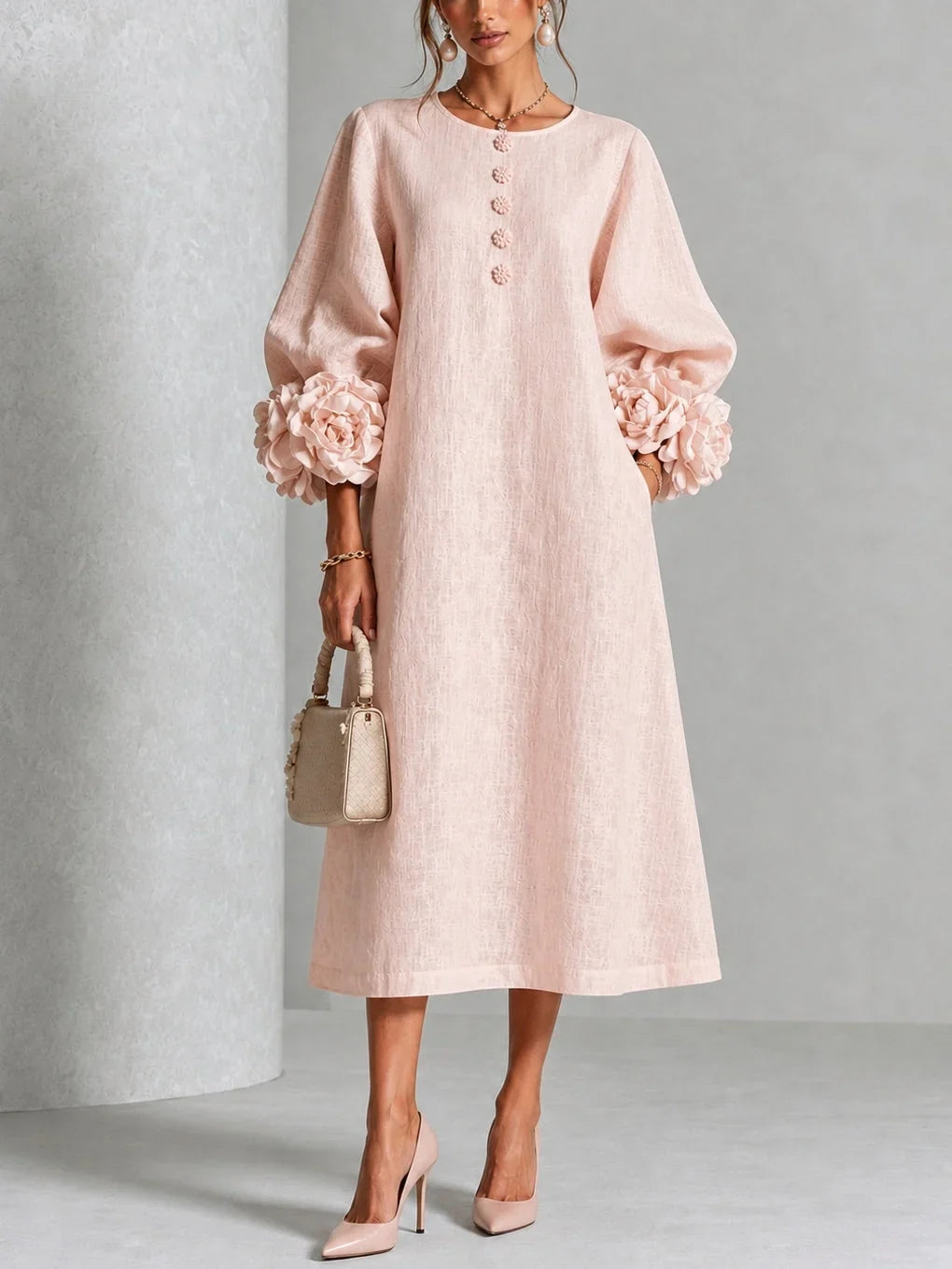 Marcella – Midi Dress with Sculptural Floral Cuffs