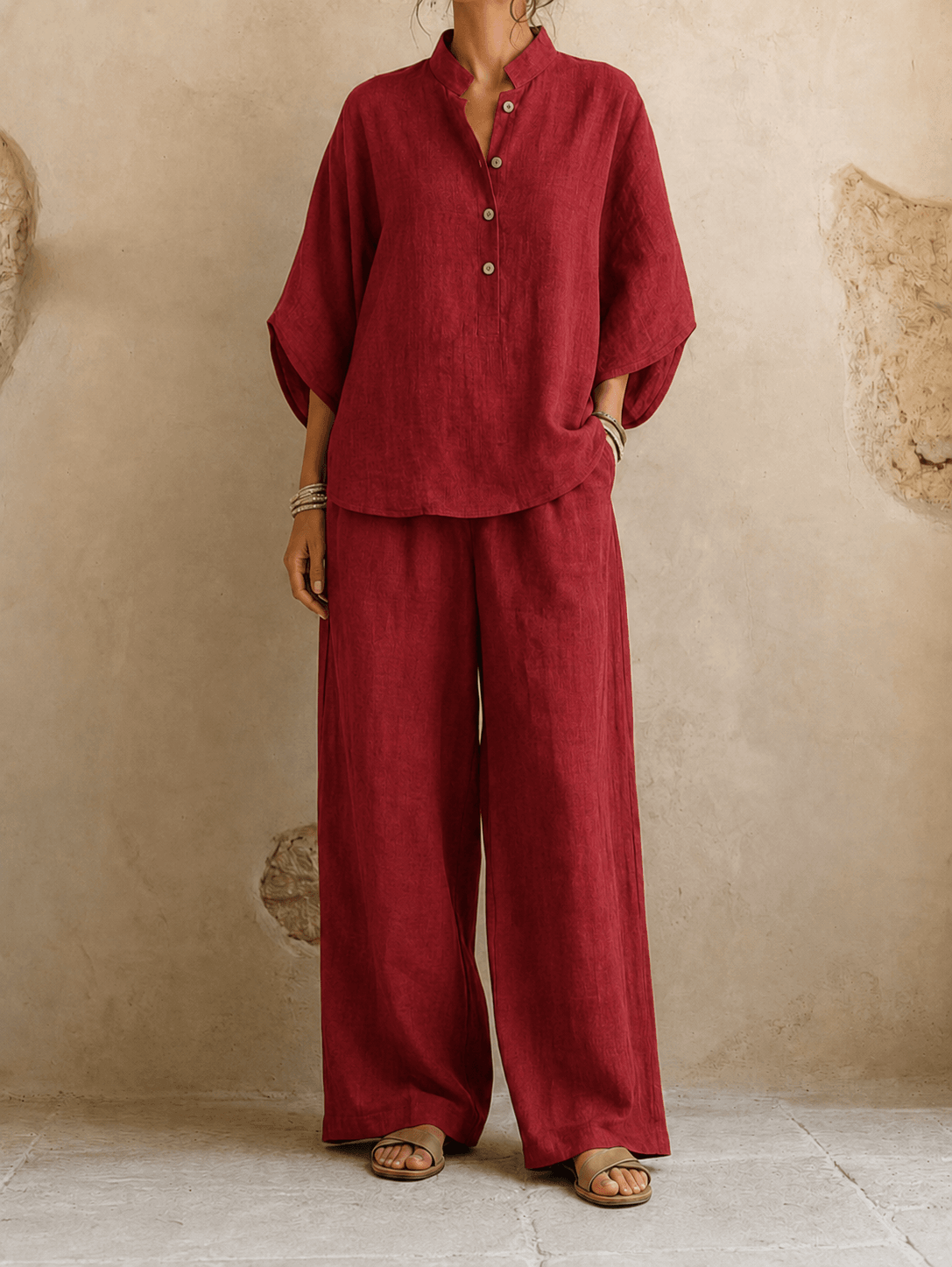 Jean – Linen-Look Blouse and Wide-Leg Pants Set