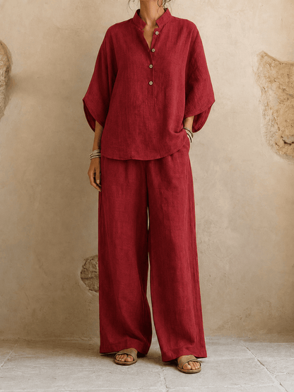 Jean – Linen-Look Blouse and Wide-Leg Pants Set