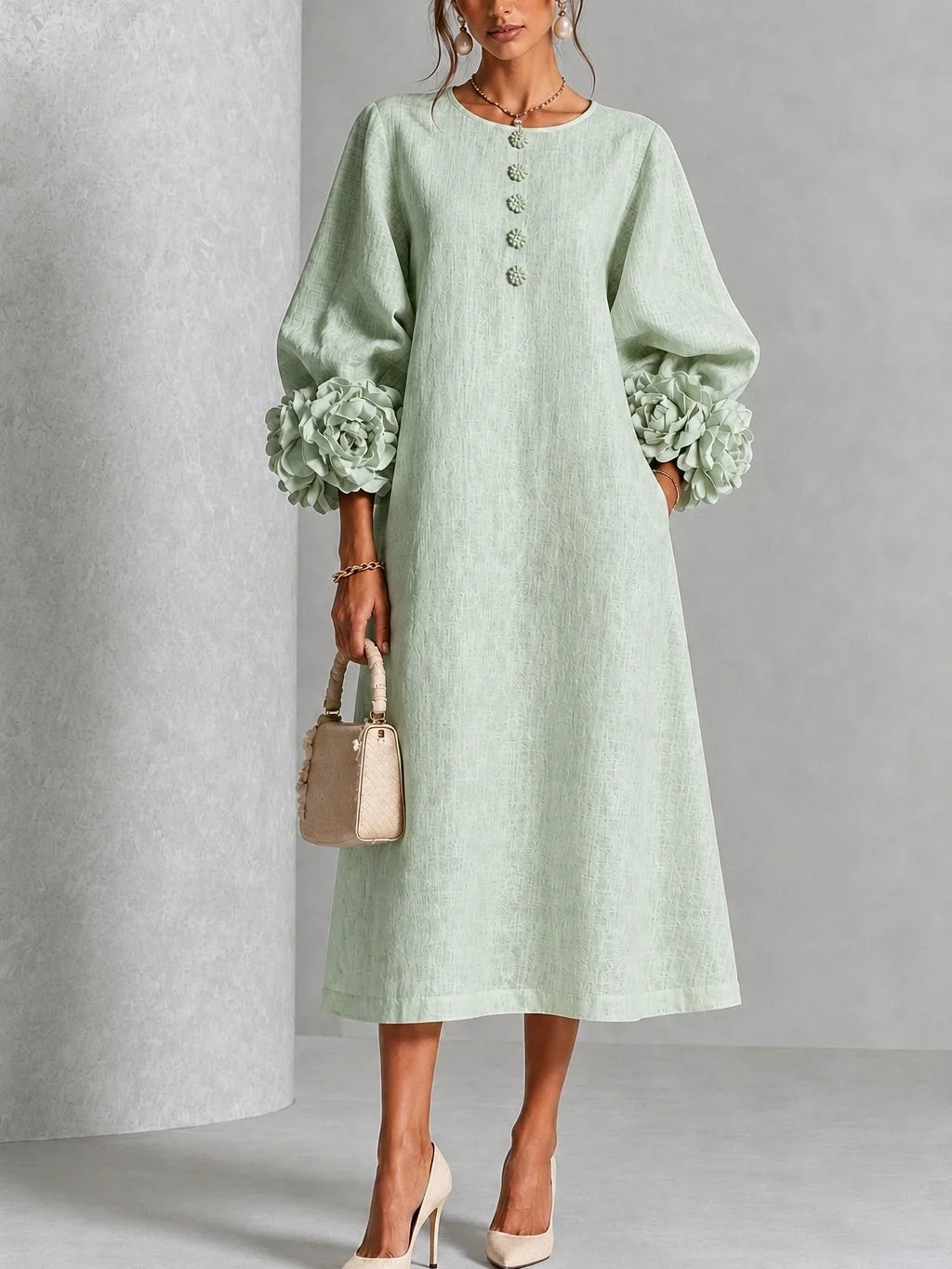 Marcella – Midi Dress with Sculptural Floral Cuffs