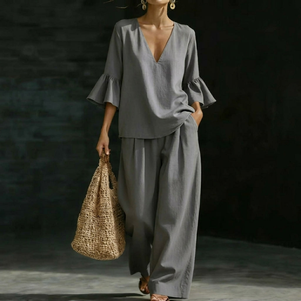 Eunice – Ruffled Blouse and Wide-Leg Pants Set