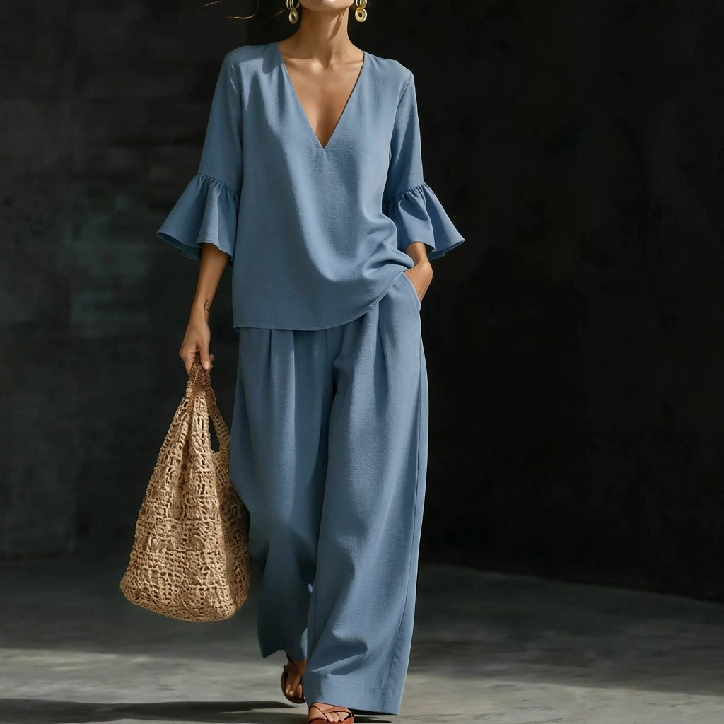 Eunice – Ruffled Blouse and Wide-Leg Pants Set