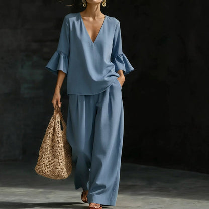 Eunice – Ruffled Blouse and Wide-Leg Pants Set
