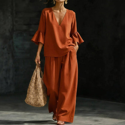 Eunice – Ruffled Blouse and Wide-Leg Pants Set