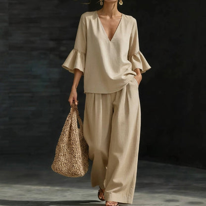 Eunice – Ruffled Blouse and Wide-Leg Pants Set