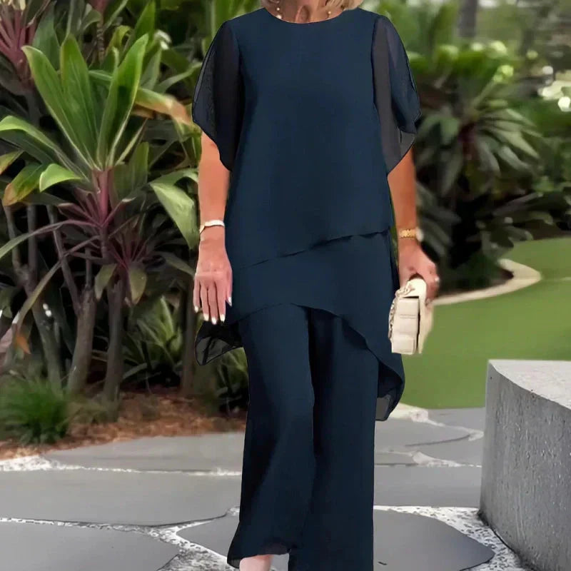 Alicia – Draped Chiffon Top and Wide-Leg Pants Set