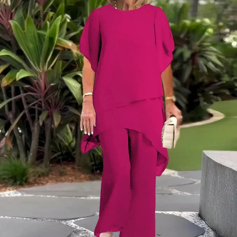 Alicia – Draped Chiffon Top and Wide-Leg Pants Set