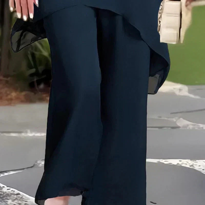 Alicia – Draped Chiffon Top and Wide-Leg Pants Set