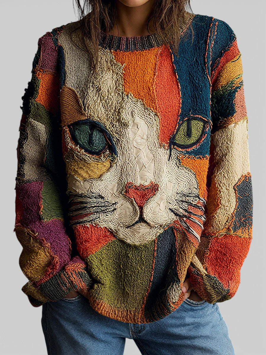 Judy – Artistic Cat Patchwork Knit Sweater